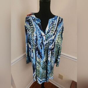 LA CERA Womens Half Button Blouse Top 3/4 Sleeve Multicolor Stretch 3XL NWT